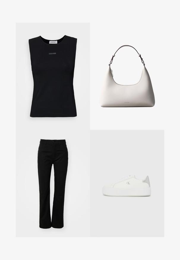 Top sans manches noir en tissu lisse. Doté d'un col rond et d'un petit logo Calvin Klein au centre. Design simple et ajusté.; Pantalons en coton noirs avec une coupe droite, dotés d'une fermeture à bouton à l'avant, de passants de ceinture et de deux poches latérales. Texture lisse.; Baskets en toile blanches avec une semelle blanche épaisse, présentant un accent argent métallique au niveau du talon et un subtil logo sur le côté.; Sac à bandoulière en cuir couleur crème de Calvin Klein avec bord supérieur incurvé, fermeture éclair argentée et sangle ajustable brun foncé.