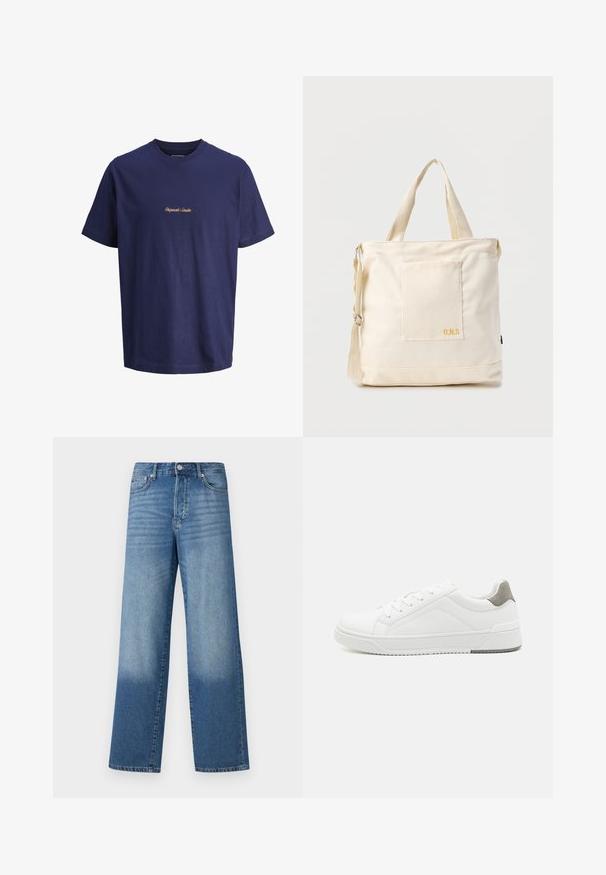 Camiseta de algodón azul marino con mangas cortas, cuello redondo y texto bordado en naranja "Originals Studio" en el centro delantero.; Vaqueros de tiro alto y pierna recta en azul, con decoloración en los muslos y sombras más oscuras cerca de los dobladillos, con botón frontal y bolsillos visibles.; Zapatilla blanca con material de cuero liso, punta redonda, diseño minimalista, acento gris en el talón y suela de goma texturizada.; Bolsa tote de lona color crema con bolsillo delantero, dos asas, correa de hombro ajustable y pequeño texto amarillo "O.N.S" en la parte inferior derecha del bolsillo.