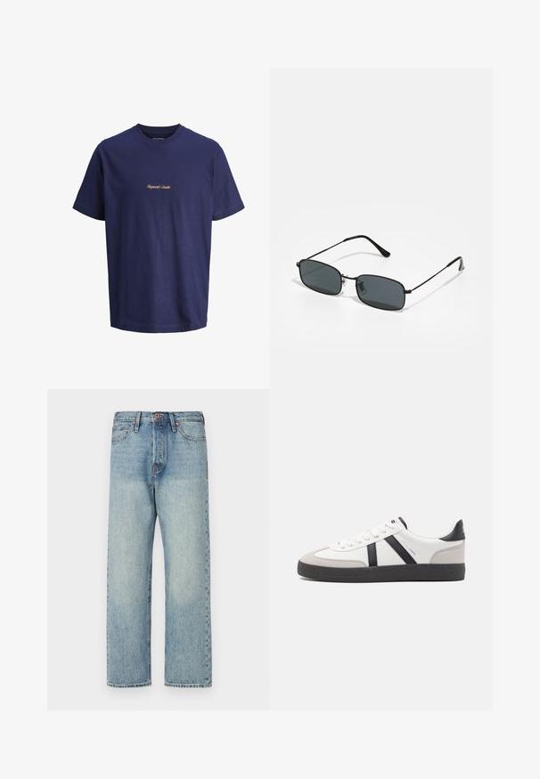 Marineblauw katoenen T-shirt met korte mouwen, ronde hals en oranje geborduurde tekst "Originals Studio" in het midden aan de voorkant.; Lichtblauwe denim jeans met een rechte pijp, vijf zakken en bronzen hardware. Minimaal vervaagd met een schone afwerking.; Witte sneaker met zwarte en grijze accenten, voorzien van een grijze neus met textuur, zwarte rubberen zool en platte witte veters. Schoon ontwerp, minimalistische stijl.; Zwarte rechthoekige zonnebril met dun metaal montuur en donkere glazen, liggend op een wit oppervlak.