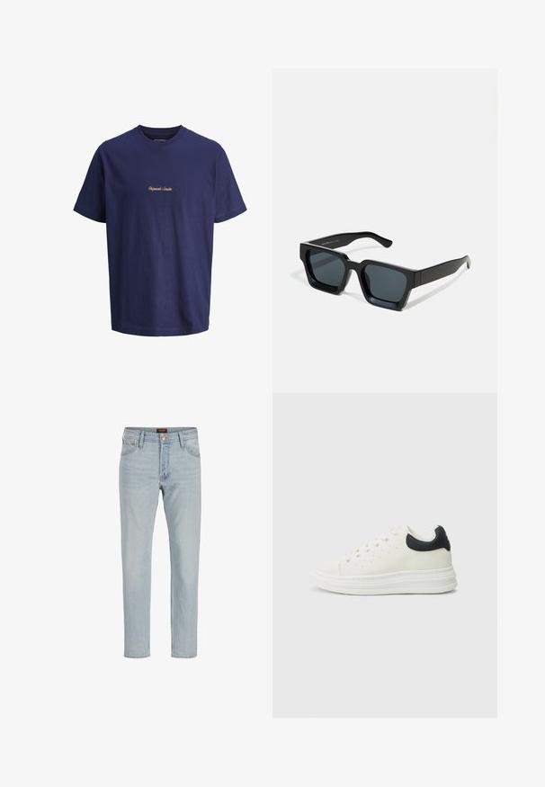 Marineblå bomuld T-shirt med korte ærmer, rund halsudskæring og orange broderet tekst "Originals Studio" på frontens midte.; Lysblå denim jeans med lige snit, fem-lommet design, knaplukning og let slidt tekstur.; Hvid lædersneaker med sort hælafslutning, rund tå, flad hvid sål og snørelukning. Minimale perforeringer på siderne.; Sorte rektangulære solbriller med mørke linser. Tyk, glat plastikramme med let blank finish og lige stænger.