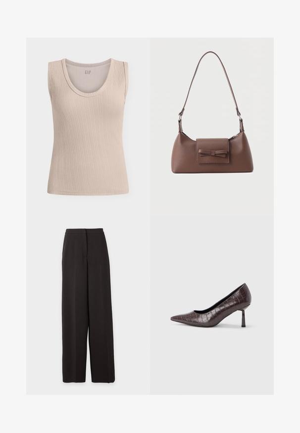 Débardeur beige côtelé sans manches avec encolure arrondie, tissu texturé et logo GAP à l’intérieur du col.; Pantalon noir taille haute à jambes larges avec un devant plat et une fermeture dissimulée, présenté sur un fond clair uni.; Escarpins à bout pointu en similicuir marron avec une texture crocodile, dotés d’un talon fin et angulaire ainsi que d’une doublure intérieure lisse.; Sac à bandoulière en cuir marron avec une poche à rabat avant ornée d'un détail en forme de nœud cousu et une sangle réglable.