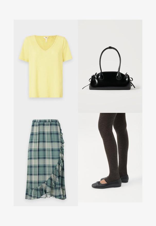 T-shirt jaune à col en V, fabriqué en tissu doux avec des manches courtes, présentant une coupe décontractée et un détail de couture minimal au niveau de l'encolure.; Jupe à carreaux en vert et marine, avec un ourlet froncé et une taille élastique. Le tissu a une texture lisse avec différents motifs à carreaux.; Jambes portant des leggings côtelés foncés associés à des ballerines noires avec de petits détails en nœud sur fond blanc.; Petit sac à main noir brillant avec deux longues anses et des détails à cordon sur les côtés sur un fond clair uni.