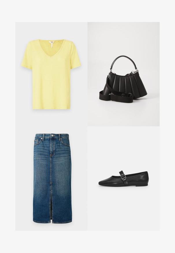 T-shirt jaune à col en V, fabriqué en tissu doux avec des manches courtes, présentant une coupe décontractée et un détail de couture minimal au niveau de l'encolure.; Jupe midi en denim bleu foncé avec une fente à l'avant, cinq poches et des coutures contrastées. Elle dispose d'une fermeture par bouton et zip à la taille.; Chaussure plate en cuir noir avec un bout arrondi, une seule sangle réglable à boucle et une texture lisse et brillante. Design minimaliste avec un petit talon.; Sac à main plissé noir avec une poignée arrondie, une bandoulière réglable et une texture brillante. Présente des accessoires en argent et une silhouette structurée.