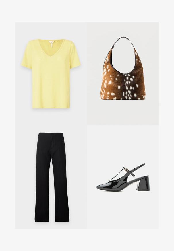 T-shirt jaune à col en V, fabriqué en tissu doux avec des manches courtes, présentant une coupe décontractée et un détail de couture minimal au niveau de l'encolure.; Pantalon noir à taille haute, jambe droite, avec une taille ajustée et sans poches visibles ni ornements.; Chaussure slingback en cuir verni noir à petit talon, bout pointu et bride en T avec une petite boucle dorée.; Sac à main marron et noir avec une texture en fourrure blanche tachetée, doté d'une seule bandoulière noire, sur un fond uni.