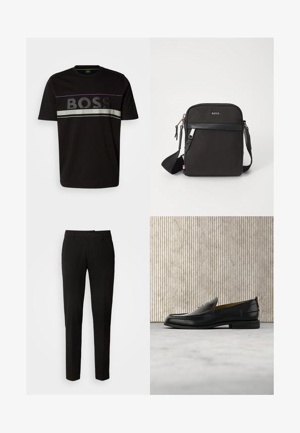 Čierne bavlnené tričko s výrazným logom "BOSS", striebornými a fialovými pruhmi cez hruď a klasickým crew neck dizajnom.; Čierne nohavice s rovnou nohavicou, s klopacím uzáverom, pútkom na opasok a hladkou textúrou látky. Žiadne viditeľné vzory ani akcenty.; Pánska čierna kožená mokasína so vzorom krokodílej kože na priehlavku a nízkym podpätkom, zobrazená z profilu na neutrálnom pozadí.; Čierna crossbody taška s textúrovanou tkaninou, logo na prednej strane, zipsové uzatváranie a nastaviteľný popruh. Obsahuje hladký kožený okraj.