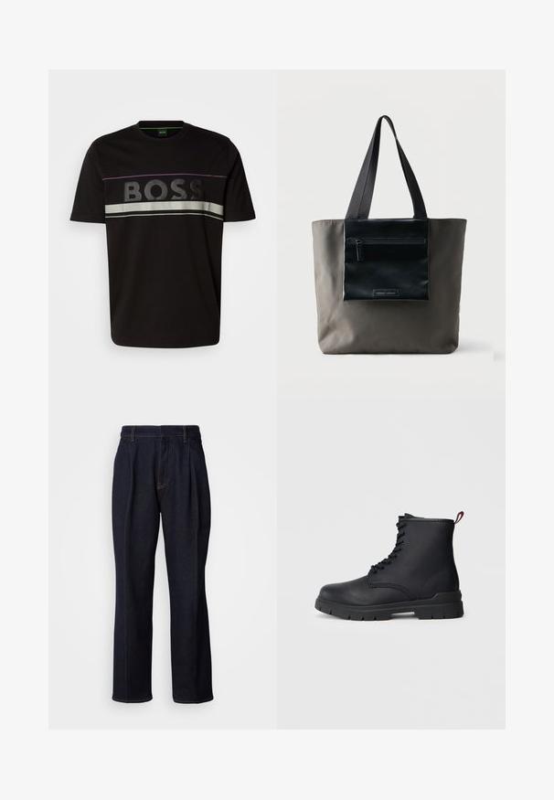 Čierne bavlnené tričko s výrazným logom "BOSS", striebornými a fialovými pruhmi cez hruď a klasickým crew neck dizajnom.; Tmavomodré nohavice z denimu s širokými nohavicami, predným skladom a oranžovým prešívaním, zobrazené na bielom pozadí.; Čierne kožené členkové topánky so šnurovaním vpredu, hrubou gumovou podrážkou a červeným pútkom na päte, zobrazené na jednoduchom svetlom pozadí.; Sivá taška na rameno s čiernym predným zipsovým vreckom a čiernymi ramennými popruhmi na jednokolorovom pozadí.