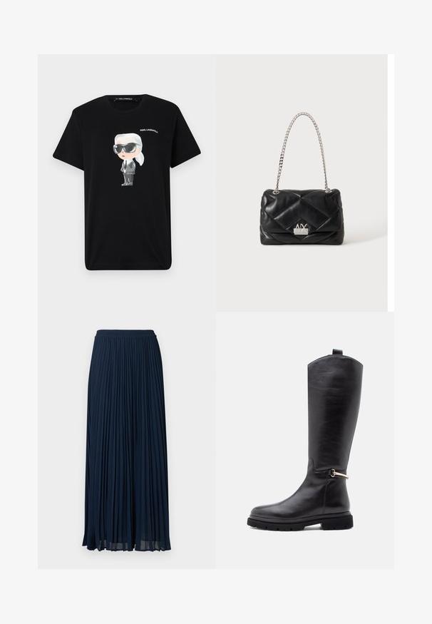 Schwarzes Baumwoll-T-Shirt mit einem Graffiti-Charaktermotiv in Grau und Weiß, der eine Sonnenbrille und einen Anzug trägt, mit "KARL LAGERFELD" darüber gedruckt.; Marineblauer Faltenrock mit elastischem Bund, der vertikale Falten und eine fließende, leichte Stoffstruktur aufweist.; Schwarze Lederstiefel bis zum Knie mit glatter Oberfläche, runder Zehenpartie, dicker Sohle und einem dekorativen goldenen Akzent an der Seite.; Schwarze, gesteppte Ledertasche mit silbernem Kettenriemen und silbernem Armani Exchange-Logo auf der Vorderklappe.