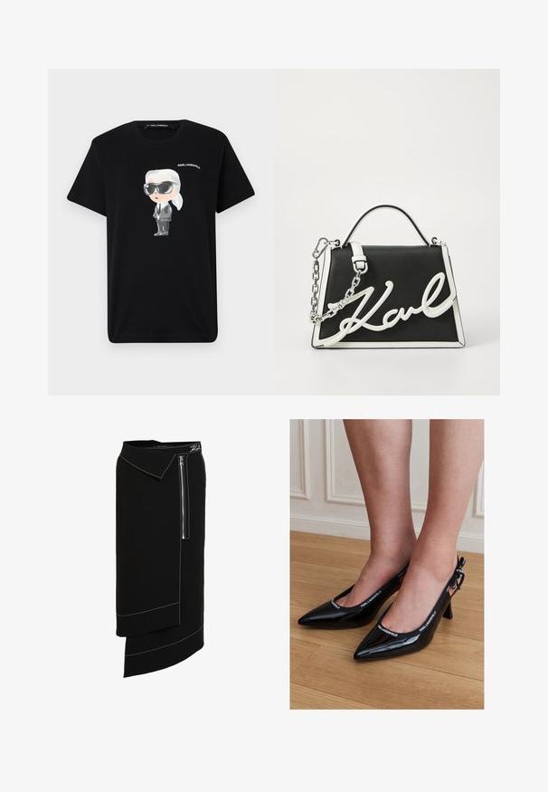 Čierne bavlnené tričko s grafickým obrázkom karikatúrnej postavy v sivej a bielej farbe, ktorá nosí slnečné okuliare a oblek, s nápisom "KARL LAGERFELD" vytlačeným nad ňou.; Čierna midi sukňa s širokým golierom, so zapínaním na bočnom zipsu, bielymi prešívaniami a asymetrickým lemom. Hladká textúra.; Čierne lodičky s lesklou kožou, s úzkou špičkou a priehlavkom s logom KARL LAGERFELD, nosené na nohách stojacich na drevenej podlahe.; Čierna kožená kabelka s bielymi akcentmi. Obsahuje reťazový popruh, štruktúrovaný tvar a výrazný biely detail loga. Hladká textúra.