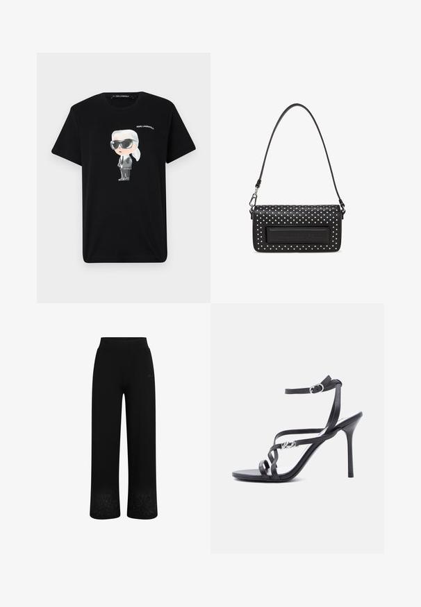 Zwarte katoenen t-shirt met een cartoonkarakter in grijs en wit, die een zonnebril en een pak draagt, met "KARL LAGERFELD" erboven gedrukt.; Zwarte sweatpants met een wijd lijf stijl, elastische tailleband en bloemenborduursel aan de onderkant. Gemaakt van zachte, rekbare stof.; Zwarte high-heeled sandaal met dunne bandjes, enkelgesp en een metalen logodetail aan het zijbandje, afgebeeld tegen een witte achtergrond.; Zwarte leren handtas met een gestructureerd oppervlak, versierd met witte studs, met een vlak paneel met een reliëflogo en een slanke schouderband.