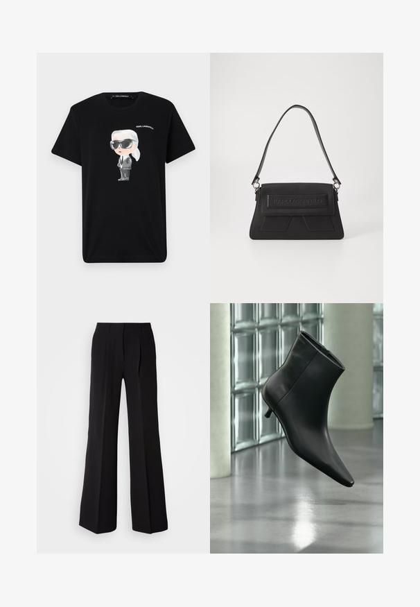 Sort bomulds t-shirt med en grafisk tegneseriefigur i grå og hvid, iført solbriller og jakkesæt, med "KARL LAGERFELD" trykt ovenfor.; Sorte bukser lavet af glat stof, med høj talje, bred ben silhuet og to frontfolder for ekstra design detaljer.; Sort læderankelstøvle med spids tå og lav kitten-hæ, vist vinklet mod en poleret gulv- og glasblokvæg.; Sort håndtaske med en tekstureret overflade, en fold-over klap med præget logo og en slank skulderrem. Rektangulær form med vinklede accenter.
