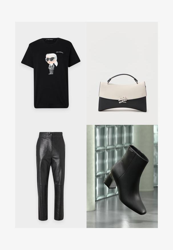 Schwarzes Baumwoll-T-Shirt mit einem Graffiti-Charaktermotiv in Grau und Weiß, der eine Sonnenbrille und einen Anzug trägt, mit "KARL LAGERFELD" darüber gedruckt.; Schwarze Lederhosen mit polierter Oberfläche, maßgeschneidertem Design, geradem Beinverlauf und dezenten Nahtdetails. Keine sichtbaren Beschläge oder Akzente.; Schwarzer Leder-Stiefelette mit Blockabsatz, DKNY-Logo nahe oben, dargestellt vor einer Glasblockwand und poliertem Betonboden.; Schwarz-weiße Lederhandtasche mit geschwungener Form, obenliegendem Griff und dekorativem silbernem Verschluss auf der vorderen Lasche.