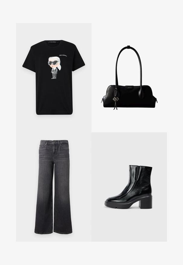 Sort bomulds t-shirt med en grafisk tegneseriefigur i grå og hvid, iført solbriller og jakkesæt, med "KARL LAGERFELD" trykt ovenfor.; Bredde ben mørkegrå denimjeans med en subtil falmning, der har knaplukning, fem lommer og en lige kant ved anklen.; Sorte patenterede læderankelstøvler med en buet tå, elastiske sidepaneler og en kraftig blokhæl. Har et præget logo på bagsiden.; Sort lædertaske fra Calvin Klein med lange håndtag, en forside-logo-tag og en sølv geometrisk vedhæng, der hænger fra det ene håndtag.