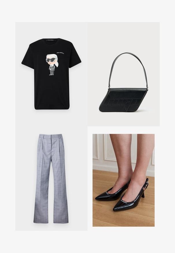 Sort bomulds t-shirt med en grafisk tegneseriefigur i grå og hvid, iført solbriller og jakkesæt, med "KARL LAGERFELD" trykt ovenfor.; Grå ternede bukser med bred ben-design, der har folder og en subtil tekstur. Lavet af letvægtsstof med en skræddersyet pasform.; Sorte laklæder stiletter med spids tå og KARL LAGERFELD mærket rem, båret på fødder, der står på trægulv.; Sort skuldertaske i læder med trekantet form, præget logo og en enkelt justerbar rem. Minimalistisk design med glat tekstur.