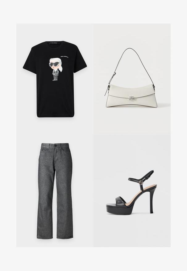 Sort bomulds t-shirt med en grafisk tegneseriefigur i grå og hvid, iført solbriller og jakkesæt, med "KARL LAGERFELD" trykt ovenfor.; Grå denim jeans med en let glans, lige ben design, fem lommer, knaplukning og synlige søm detaljer.; Sorte platformsandaler med høj stiletthæl, der har en glat læderoverdel, peep toe-design og en justerbar ankelrem med metalbeslag.; Hvid skuldertaske i læder med buet klap, sort kant, justerbar rem og sølv dekorativ spænde på ensfarvet baggrund.