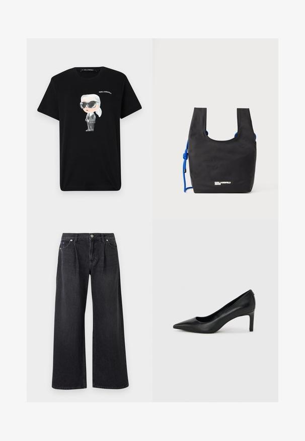Zwarte katoenen t-shirt met een cartoonkarakter in grijs en wit, die een zonnebril en een pak draagt, met "KARL LAGERFELD" erboven gedrukt.; Zwarte flare jeans van denim, met een knoopsluiting aan de voorkant, twee voorzakken en een nette afwerking zonder versieringen.; Zwarte leren pumps met een spits toelopende neus en een slanke, middelhoog hak, afgebeeld tegen een effen lichtgrijze achtergrond.; Zwarte nylon totebag met een afgeronde uitsnede, blauwe touwaccenten en een zilveren logodetail aan de voorkant. Gladde textuur en minimalistisch ontwerp.