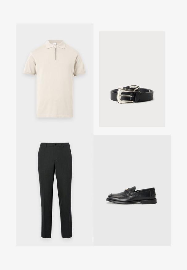 Polo beige à manches courtes avec col rabattu et courte fermeture éclair frontale sur un fond uni.; Pantalons gris foncé sur mesure, fabriqués en tissu lisse, avec une coupe droite, des poches avant et une fermeture à un bouton.; Des mocassins en cuir noir présentent un bout arrondi, des détails cousus et un petit accent doré à l'avant. La semelle est plate et discrète.; Ceinture en cuir noir avec une grande boucle argentée de style western, enroulée sur un fond neutre.