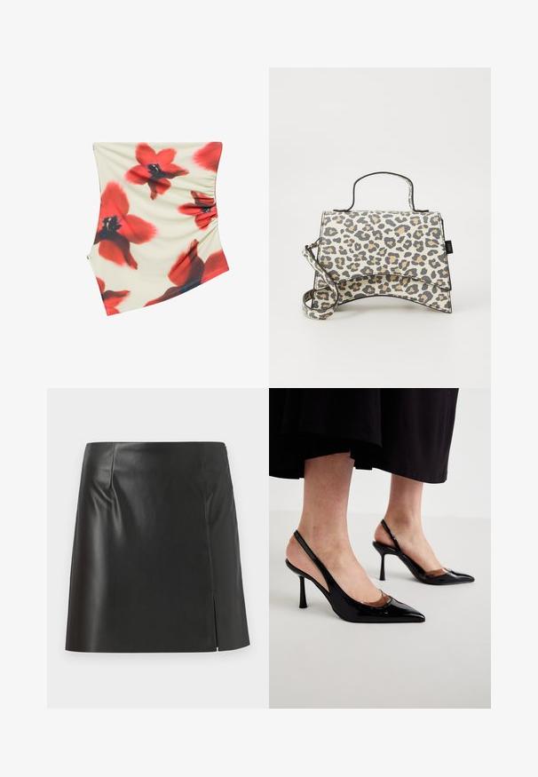 Jupe asymétrique couleur crème avec grand imprimé floral rouge et noir et détail froncé sur le côté.; Mini-jupe en cuir noir avec une coupe droite, texture lisse, fermeture éclair sur le côté et une fente sur un côté.; Talons slingback en cuir verni noir avec des pointes pointues et des découpes transparentes à l'avant, posés sur une surface claire et lumineuse.; Sac imprimé léopard avec un design structuré, comprenant une poignée supérieure et une bandoulière amovible. Fabriqué en matériau lisse avec des accents noirs.