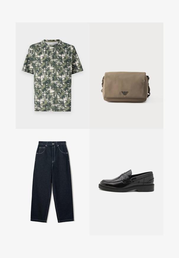 Kortærmet T-shirt i blødt stof med palmeprint. Dominerende farver inkluderer grøn og beige, med en afslappet pasform og rund hals.; Løsvidde, mørke denim jeans med kontrastfarvet hvid syning, fem lommer og knappelukning. Har et højt talje-design.; Sorte læder loafers med en glat finish, rund tå, lav hæl og dekorativ syning langs forsiden. Gummisål for godt greb.; Rektangulær taupe crossbody-taske med klaplukning og lille metal logoemblem centreret på forsiden mod en hvid baggrund.