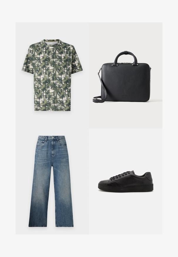 Kortærmet T-shirt i blødt stof med palmeprint. Dominerende farver inkluderer grøn og beige, med en afslappet pasform og rund hals.; Blå denim bredbenede jeans med høj talje, subtilt slid, fem lommer og metalknaplukning foran.; Sorte lædersneakers med rund tå, flad sål og traditionel snøring. Har en glat tekstur og diskrete detaljer på siden.; Sort tekstureret lædermappe med dobbelte håndtag, aftagelig skulderrem og top lynlåslukning på en ensartet lys baggrund.