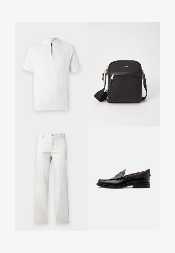 Polo shirt blanc à manches courtes avec un tricot texturé, doté d'un col zippé et d'un ourlet côtelé. Design épuré adapté à une tenue décontractée.; Pantalon gris clair avec une coupe droite, fabriqué dans un tissu lisse, doté d'une fermeture à bouton à l'avant et de poches latérales.; Mocassin homme en cuir noir avec couture moc toe, bride penny, col texturé et petit talon empilé sur fond blanc.; Sac bandoulière noir en tissu texturé, avec un logo sur le devant, fermeture éclair et une bandoulière réglable. Finitions en cuir lisse.