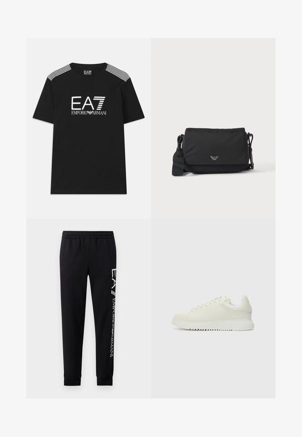 Μαύρο βαμβακερό μπλουζάκι τύπου t-shirt με λευκό λογότυπο EA7 και κείμενο 'Emporio Armani'. Τρεις λευκές ρίγες στους ώμους ενισχύουν τον σχεδιασμό.; Μαύρο παντελόνι φόρμας από μείγμα βαμβακιού, με ελαστική μέση, κομμάτια με κωνική γραμμή, ριμπ μανσέτες και λευκή εκτύπωση λογότυπου κατά μήκος της πλευράς.; Λευκό δερμάτινο sneaker με υφή στην πάνω επιφάνεια, στρογγυλή μύτη, επίπετη λευκή σόλα και τόνος κορδόνια. Διακριτική σήμανση στη γλώσσα.; Μαύρη τσάντα ώμου με ρυθμιζόμενο λουράκι και μικρό ασημί λογότυπο στην εμπρόσθια επικάλυψη, εμφανιζόμενη σε απλό φωτεινό φόντο.