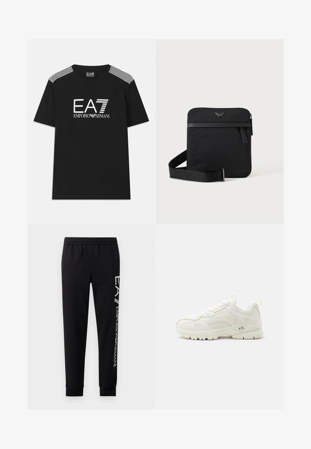 Μαύρο βαμβακερό μπλουζάκι τύπου t-shirt με λευκό λογότυπο EA7 και κείμενο 'Emporio Armani'. Τρεις λευκές ρίγες στους ώμους ενισχύουν τον σχεδιασμό.; Μαύρο παντελόνι φόρμας από μείγμα βαμβακιού, με ελαστική μέση, κομμάτια με κωνική γραμμή, ριμπ μανσέτες και λευκή εκτύπωση λογότυπου κατά μήκος της πλευράς.; Λευκό αθλητικό παπούτσι Armani Exchange με λεπτομέρειες από δίχτυ και δέρμα, μπροστινό δέσιμο με κορδόνια, με λογότυπο "A|X" στη σόλα και στο πλαϊνό πάνελ, αθλητικός σχεδιασμός με χαμηλή κορυφή.; Μαύρη τετράγωνη τσάντα ώμου με φερμουάρ, μπροστινή τσέπη και ρυθμιζόμενο ιμάντα με ανάγλυφο όνομα μάρκας.