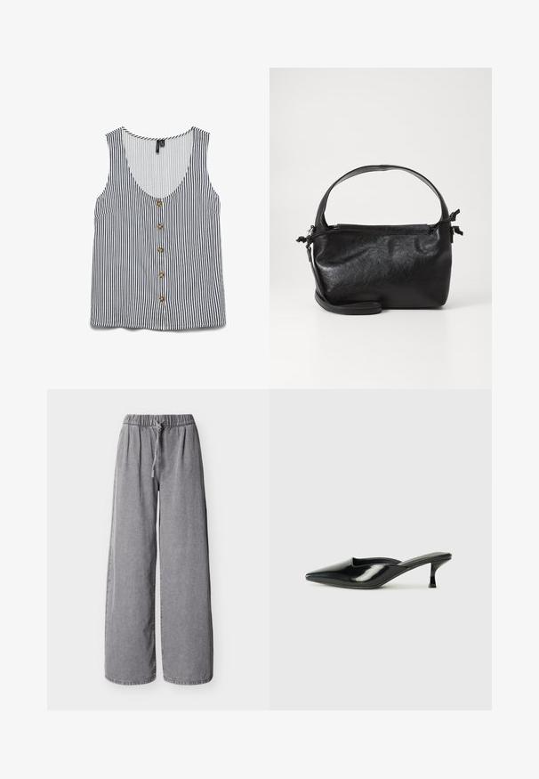 Stribet ærmeløs tanktop i hvid og navy. Har en dyb V-udskæring, knaplukning foran og en lomme til venstre. Glat stofoverflade.; Grå denimbukser med vide ben, elastisk talje og snøre, vist fladt på en hvid baggrund.; Sorte patenterede lædermules med spids tå, lav kittenheel og buede sider, der har en glansfuld finish og minimalistisk design.; Sort læderhåndtaske med et struktureret design, rund tophåndtag og aftagelig skulderrem. Den har en glat tekstur og en subtil glans.