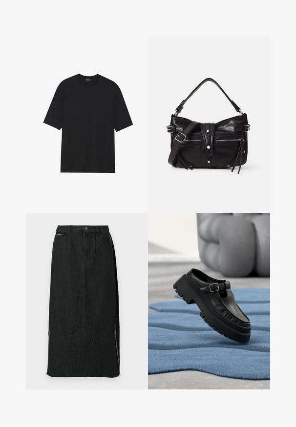 T-shirt noir à manches courtes en coton. Il possède un col rond et un ourlet droit. Design minimaliste sans motifs ni accents.; Jupe en denim noire avec une taille haute, coupe droite et coutures angulaires uniques. Présente des fentes latérales et une fermeture à bouton à la taille.; Mocassin en cuir noir avec semelle crantée épaisse et boucle argentée, positionné en angle sur un tapis bleu texturé.; Even&Odd by Zalando H24462 - Sac à main - black