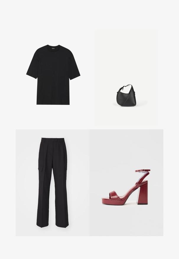 T-shirt noir à manches courtes en coton. Il possède un col rond et un ourlet droit. Design minimaliste sans motifs ni accents.; Pantalons cargo noirs avec une coupe droite, fabriqués dans un matériau lisse. Comprend deux poches latérales et une taille épurée.; Sandales à talons hauts bordeaux avec une finition en vernis brillant, large sangle à l'avant et sangle de cheville, dotées d'un talon carré épais et d'une plateforme.; Sac à bandoulière en cuir noir avec une forme triangulaire arrondie et une sangle réglable sur un fond clair uni.