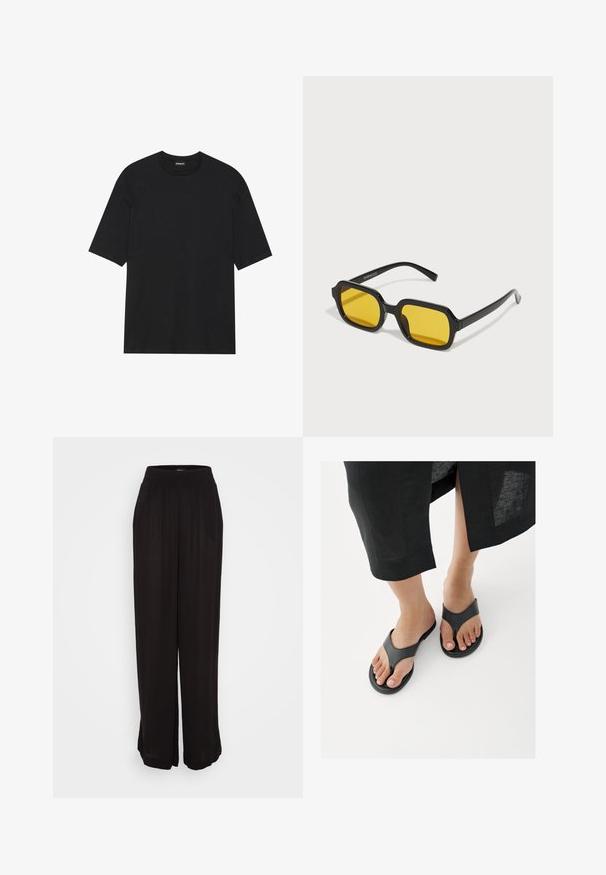 Čierne tričko s krátkym rukávom vyrobené z bavlny. Má okrúhly výstrih a rovný lem. Minimalistický dizajn bez vzorov alebo akcentov.; Vero Moda Tall VMMENNY WIDE PANTS - Nohavice - black; Detailný záber na nohy v čiernych kožených žabkách s viditeľným lemom čiernej sukne nad členkami na bielom podlaží.; Čierne obdĺžnikové slnečné okuliare so žltými šošovkami. Vlastnosti zahŕňajú hrubé rámiky a uhlovú konštrukciu s hladkým, lesklým povrchom.
