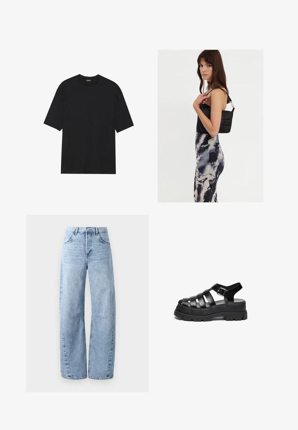 T-shirt noir à manches courtes en coton. Il possède un col rond et un ourlet droit. Design minimaliste sans motifs ni accents.; Jeans en denim bleu clair à jambes larges, dotés d'une taille haute, de cinq poches et d'un léger dégradé. Les jambes présentent des coutures et des seams visibles.; Sandales à plateforme noires avec des larges brides, fabriquées en matériau lisse. Dotées d'une semelle épaisse avec un motif structuré et d'une fermeture à boucle.; Sac à épaule noir en matelassé avec une seule sangle et des accessoires en argent, associé à une robe ajustée à motif tie-dye dans des teintes de noir et de crème.