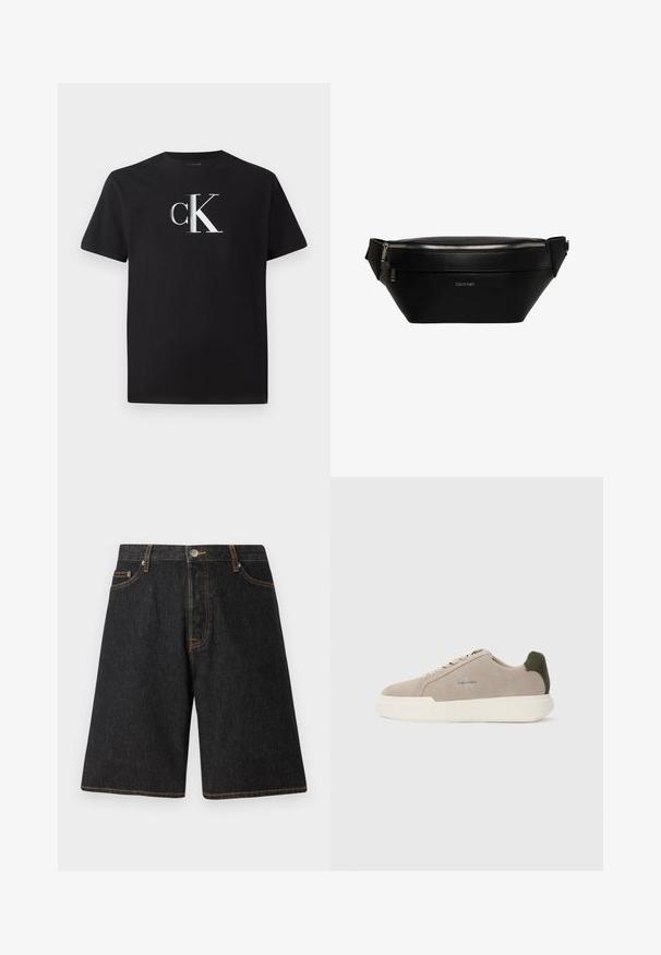 Schwarzes Baumwoll-T-Shirt mit einem silbernen "ck"-Logo auf der Vorderseite. Kurzärmlig und mit einem runden Halsausschnitt in regulärer Passform.; Schwarze Jeansshorts mit geradem Beinschnitt, orangefarbener Naht, fünf Taschen und einem Metallknopfverschluss am Bund.; Beige Wildledersneaker mit einer weißen Gummisohle, die einen dunkelgrünen Akzent an der Ferse und dezente Markenaufschrift an der Seite aufweisen.; Schwarze Leder-Calvin Klein Gürteltasche mit silbernem Reißverschluss und verstellbarem Riemen, minimalistisches Logo vorne mittig.