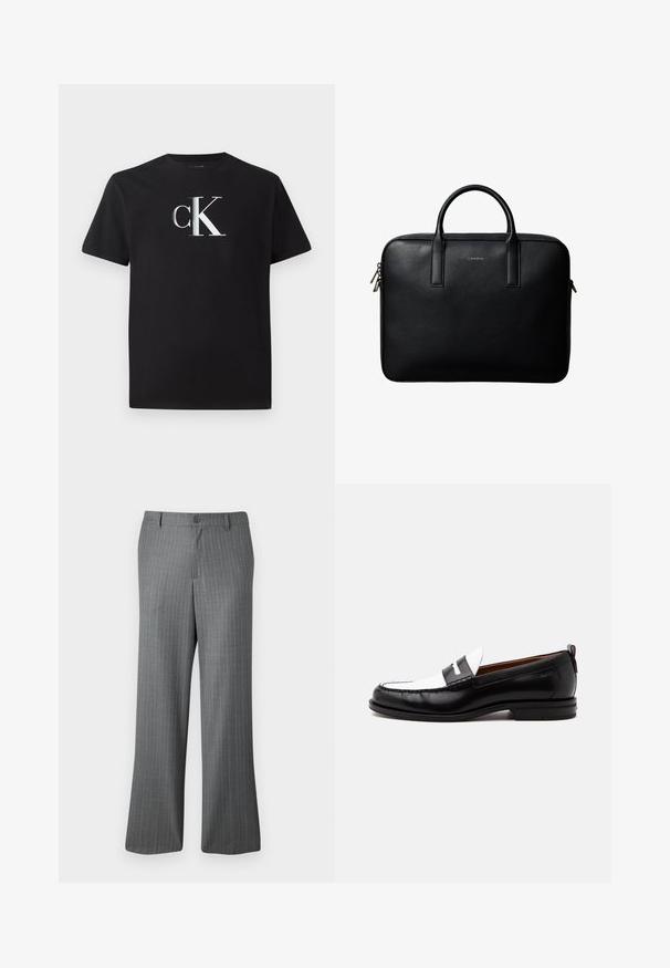 Schwarzes Baumwoll-T-Shirt mit einem silbernen "ck"-Logo auf der Vorderseite. Kurzärmlig und mit einem runden Halsausschnitt in regulärer Passform.; Grau gestreifte Hose mit lockerem Schnitt, ausgestattet mit einem Knopfverschluss, Gürtelschlaufen und dezenten hellblauen Streifen.; Schwarz-weißer Lederloafer mit genähten Details, niedrigem Absatz und einem Slip-On-Design, seitlich auf neutralem Hintergrund gezeigt.; Schwarze strukturierte Lederaktentasche mit zwei Griffen und silbernen Reißverschlussanhängern, zentriert auf weißem Hintergrund.