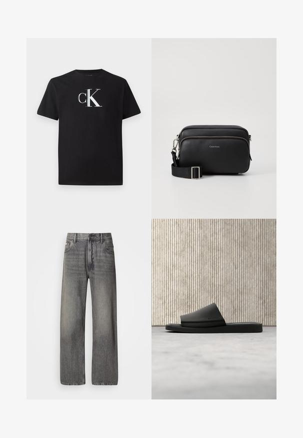 Zwarte katoenen t-shirt met een zilveren "ck" logo aan de voorkant. Korte mouwen en een ronde halslijn met een normale pasvorm.; Wijde jeans in donkergrijze denim met een vervaagde finish. Voorzien van een klassieke vijfzakkenontwerp en riemlussen.; Zwarte Calvin Klein slippers op een beige tapijt naast een ronde, amberkleurige tafel met een houten wand op de achtergrond.; Zwarte leren schoudertas met twee ritscompartimenten, gestructureerd afwerking, verstelbare schouderband en zilveren hardware-accenten. Calvin Klein-logo zichtbaar.