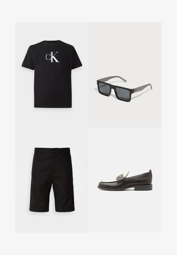 Schwarzes Baumwoll-T-Shirt mit einem silbernen "ck"-Logo auf der Vorderseite. Kurzärmlig und mit einem runden Halsausschnitt in regulärer Passform.; Schwarze Shorts aus festem Stoff, mit geradem Schnitt, Knopfverschluss und glatter Textur ohne sichtbare Muster.; Dunkelbrauner Herrenschuh aus Leder mit cremefarbenem Stoffpaneel und klassischem, genähtem Riemendetail, flacher Sohle und Zuglasche an der Ferse.; HUGO Sonnenbrille - black