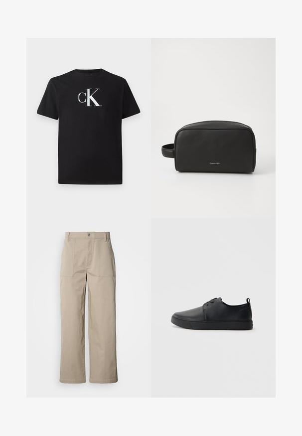 Zwarte katoenen t-shirt met een zilveren "ck" logo aan de voorkant. Korte mouwen en een ronde halslijn met een normale pasvorm.; Beige wijde broek van katoen; voorzien van voorzakken met klep, een knoopsluiting en zichtbare stiknaden langs de zoom.; Zwarte leren sneaker met een gladde afwerking, ronde neus, tonale stiknaden, vetersluiting aan de voorkant en een vlakke rubberen zool. Lussje aan de hak.; Zwarte leren toilettas met een gestructureerd oppervlak, afgeronde vorm en zijhandvat. Voorzien van het Calvin Klein-logo aan de voorkant.