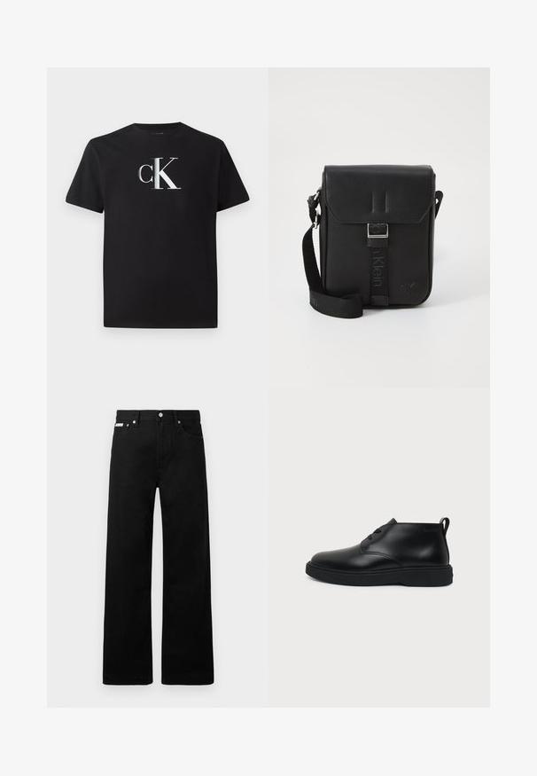 Zwarte katoenen t-shirt met een zilveren "ck" logo aan de voorkant. Korte mouwen en een ronde halslijn met een normale pasvorm.; Zwarte spijkerbroek met een wijd uitlopende pasvorm, voorzien van vijf zakken en metallic knopen. Gladde textuur, geen zichtbare patronen.; Zwarte leren enkelhoge veterschoen met dikke rubberen zool en trekhaak bij de hiel, getoond in zijprofiel op een effen achtergrond.; Zwarte leren schoudertas met klepsluiting, zilveren hardware, verstelbare schouderband en gegraveerd logo aan de voorkant. Textuur oppervlak.