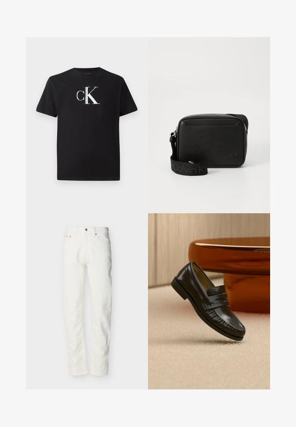 Μαύρη βαμβακερή μπλούζα t-shirt με ασημί λογότυπο "ck" μπροστά. Κοντά μανίκια και στρογγυλή λαιμόκοψη με κανονική εφαρμογή.; Ανδρικά τζιν λευκού χρώματος με ίσια γραμμή, εμπρός κουμπί και φερμουάρ, θηλιές για ζώνη και σχεδιασμό με πέντε τσέπες.; Γυαλιστερό μαύρο δερμάτινο μοκασίνι με λεπτομέρεια λουριού, τοποθετημένο σε μπεζ χαλί κοντά σε στρογγυλό καφέ τραπεζάκι σε έναν απαλά φωτισμένο χώρο.; Μαύρη δερμάτινη τσάντα ώμου με υφή, με φαρδιά λωρίδα από ύφασμα με την επωνυμία Calvin Klein και μικρό ανεπίστευτο λογότυπο cK μπροστά.