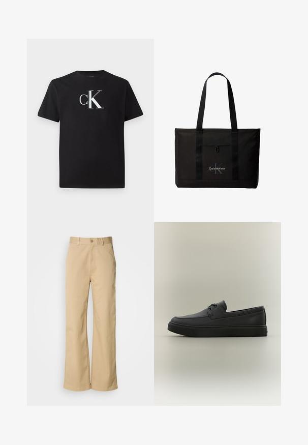 Schwarzes Baumwoll-T-Shirt mit einem silbernen "ck"-Logo auf der Vorderseite. Kurzärmlig und mit einem runden Halsausschnitt in regulärer Passform.; Beige, weit geschnittene Hosen aus einer Baumwollmischung. Mit einem Knopfverschluss und Gürtelschlaufen. Glatte Textur mit minimalen Nähten.; Schwarzer lässiger Lederloafer mit Schnürdetails und dicker Gummisohle, seitlich auf neutralem Hintergrund dargestellt.; Schwarze Calvin Klein Tote-Tasche mit zwei langen Griffen und Fronttasche, mit dem Markenlogo in Weiß und Grau.