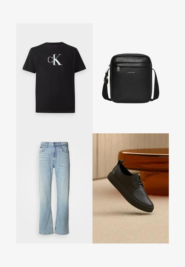 Μαύρη βαμβακερή μπλούζα t-shirt με ασημί λογότυπο "ck" μπροστά. Κοντά μανίκια και στρογγυλή λαιμόκοψη με κανονική εφαρμογή.; Ανοιχτό μπλε τζιν παντελόνι με ίσια γραμμή, που διαθέτει πέντε τσέπες, κλείσιμο με κουμπί και διακριτική φθορά στο ύφασμα.; Μαύρο casual αθλητικό παπούτσι από δέρμα με κορδόνια, αιωρούμενο πάνω από μπεζ χαλί, με πορτοκαλί στρογγυλό γυάλινο τραπέζι στο φόντο.; Μαύρη τσάντα Calvin Klein χιαστί με ρυθμιζόμενο λουράκι, μπροστινή τσέπη με φερμουάρ και διακριτικό λογότυπο σε υφή δέρματος.