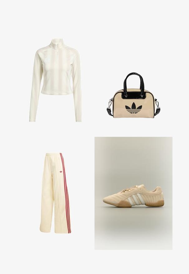 Witte langesleeve zip-up top met hoge kraag, met subtiele verticale strepen en logo-accenten op de borst en mouw. Zachte stofstructuur.; Crèmekleurige wijde trainingsbroek met rode zijstrepen, elastische tailleband, ritssluitingzak en rood Adidas-logo op de dij.; Beige suède sneaker met witte strepen en een geruite gumzool, zijaanzicht op een neutrale achtergrond.; Beige lakleren tas met zwarte accenten, voorzien van dubbele handvatten en een afneembare schouderriem. Voorkant met logo-ontwerp in zwart.