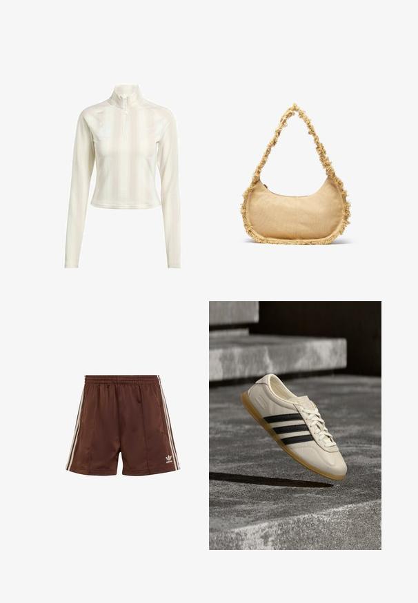 Witte langesleeve zip-up top met hoge kraag, met subtiele verticale strepen en logo-accenten op de borst en mouw. Zachte stofstructuur.; Bruine sportshorts van gladde stof met een relaxte pasvorm, voorzien van witte zijkanten en een geborduurd logo op de linkerbovenrand.; Witte sneaker met zwarte strepen en rubberen zool zwevend boven betonnen trap in zacht daglicht.; Geverfde beige tas met een ronde vorm, rafelige rand langs de randen en een korte schouderband. Ritsopening aan de bovenkant.