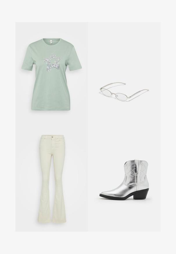 Lichtgroene katoenen T-shirt met korte mouwen, met een zilveren paillettenster ontwerp in het midden. Grote gladde textuur, standaard crew neck.; Uitlopende jeans van lichtbeige katoenen denim, met een hoge taille, vijf zakken en een klassieke metalen knoopsluiting met rits.; Zilveren leren cowboylaarzen met een spitse neus, gestikte details op de schacht en een gematigde zwarte hak. Gladde en glanzende oppervlakte.; Ovale brillen met een metallic zilveren montuur, heldere glazen en getextureerde kraalaccenten op de tempels. Lichtgewicht ontwerp met gebogen armen.