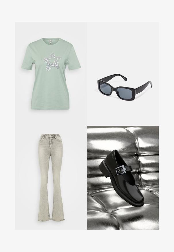 Lichtgroene katoenen T-shirt met korte mouwen, met een zilveren paillettenster ontwerp in het midden. Grote gladde textuur, standaard crew neck.; Lichtgrijze flared jeans met een hoge taille, gemaakt van denim, met een rits en subtiele stiksels langs de naden.; Zwarte leren Mary Jane-schoenen met een vierkante neus, een zilveren gesp accent en een chunky lage hak, tegen een glanzende zilveren achtergrond.; Zwarte rechthoekige zonnebril met donkere getinte lenzen, een dik plastic montuur en brede scharnieren. Glad oppervlak en hoekig ontwerp.