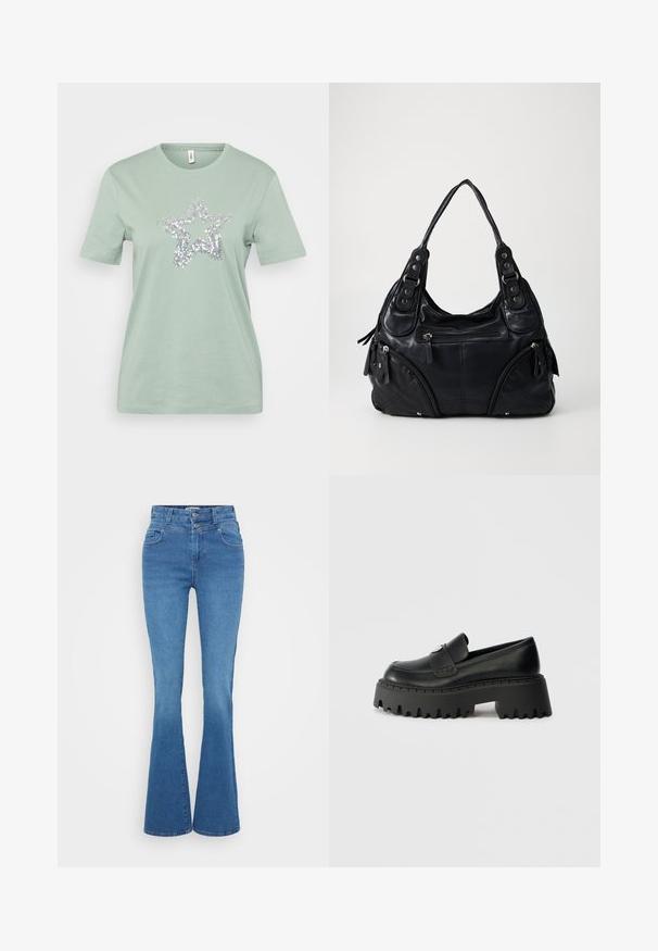 Lichtgroene katoenen T-shirt met korte mouwen, met een zilveren paillettenster ontwerp in het midden. Grote gladde textuur, standaard crew neck.; Uitlopende blauwe denim jeans met hoge taille, voorzien van twee voorzakken, knoopsluiting en een gladde, licht gestructureerde afwerking.; Zwarte leren instapper met een dikke, robuuste rubberen zool met een getande rand en een enkele decoratieve hardware-accent op de bovenkant.; Zwarte leren handtas met dubbele handvatten, voorzakken met rits en details van metalen klinknagels, tegen een effen lichte achtergrond.