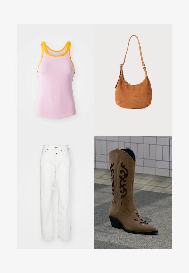Débardeur rose à côtes avec des bords jaunes, arborant un design ajusté et un dos nageur. Texture douce avec un léger élasticité pour le confort.; Jeans en denim blanc avec une coupe droite ; comprend une fermeture à bouton et à glissière, des coutures beiges et des poches avant.; Botte de cowboy en daim beige avec des découpes décoratives marron foncé et des coutures, posée sur un trottoir devant un mur carrelé.; Sac à main en daim beige avec un design incurvé, une bandoulière ajustable, une fermeture éclair en métal et un détail de logo embossé à l'avant.