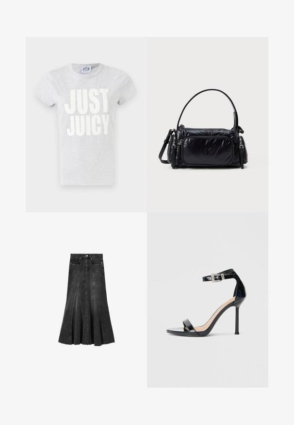 Graues Baumwoll-T-Shirt mit kurzen Ärmeln und Rundhalsausschnitt. Auf der Vorderseite befindet sich großer weißer Text "JUST JUICY".; Schwarzer Denim-Midirock mit hoher Taille, Vordertaschen, Knopfverschluss und ausgestellten Teilungsdetails entlang des Saums.; Schwarzer Riemchensandale aus Lackleder mit hohem Absatz und Knöchelriemen. Verfügt über ein minimalistisches Design, offene Zehenpartie und eine Schnalle mit Strassakzenten.; Schwarze Nylon-Handtasche mit einem plüschigen Design, abgerundetem Schultergurt, einer vorderen Reißverschlusstasche und einem dezenten, auf der Vorderseite geprägten Logo.