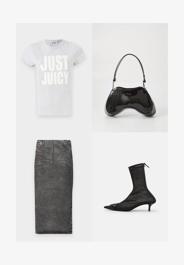 Grå bomulds t-shirt med korte ærmer og rund hals. Har stor hvid tekst "JUST JUICY" trykt på forsiden.; Grå denim midi-skjørt med vertikale striber, med høj talje, fem lomme-design og en ren kant.; Sorte mesh ankelstøvler med spidse tæer, lynlås og en lille hæl. Har en dekorativ spændeaccent nær tåområdet.; Sort patentlæder håndtaske med en unik buet form, kort justerbar hank og en lynlåslukning i toppen. Glat tekstur med diskret branding.