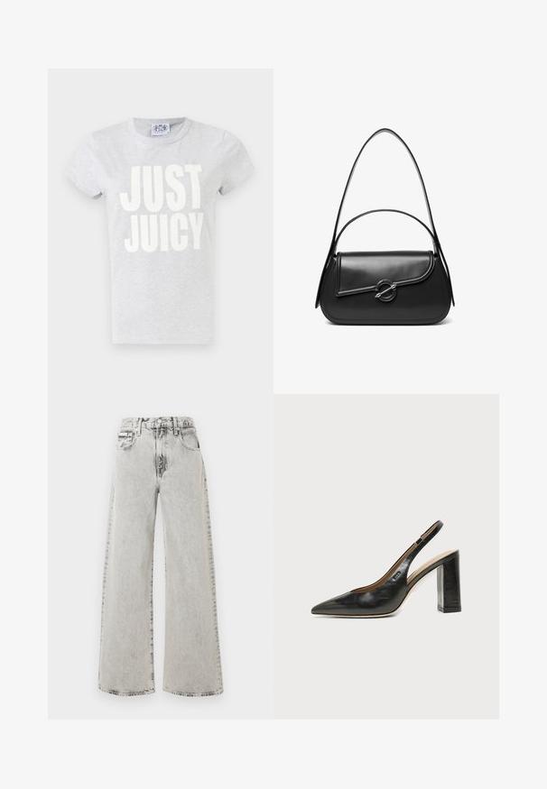 Grå bomulds t-shirt med korte ærmer og rund hals. Har stor hvid tekst "JUST JUICY" trykt på forsiden.; Vide ben jeans i lys grå denim med en falmet vask, forlommer og lukkes med knap. Designet er afslappet og rummeligt.; Sort læder peep-toe slingback sko med høj blokhæl og beige indvendig foring mod en ensfarvet lys baggrund.; Sort skuldertaske i læder med en buet klap, der er fastgjort med en rund metal spænde, og en slank, justerbar rem.