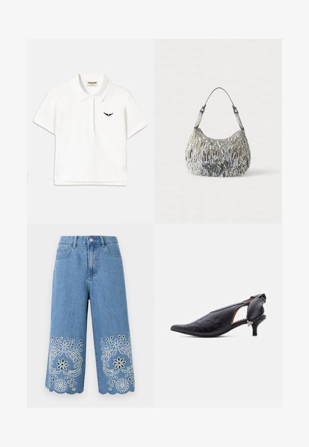 T-shirt polo blanc à manches courtes, présentant un logo d'aile noir sur la poitrine gauche et un col classique. Tissu doux.; Shorts en denim bleu clair avec broderie florale ajourée et ourlets festonnés, dotés de poches avant et d'une fermeture à bouton.; Escarpin slingback en cuir noir à bout pointu avec détails brodés et petit talon kitten, comprenant un nœud rembourré et un accent triangulaire argenté.; Sac à main argenté orné de sequins avec une surface texturée et une forme incurvée. Il est équipé d'une poignée transparente et d'une fermeture éclair pour un rangement sécurisé.